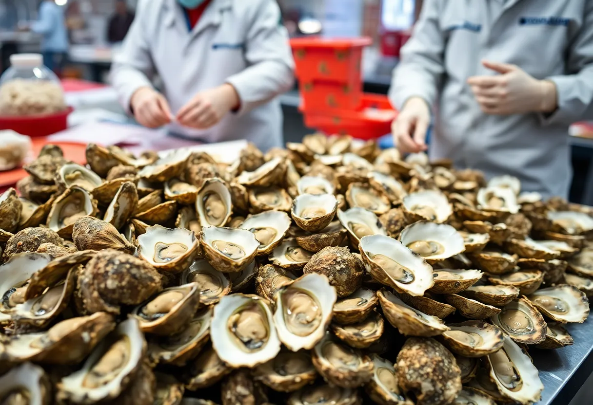 Raw oysters displayed in a seafood market emphasizing food safety