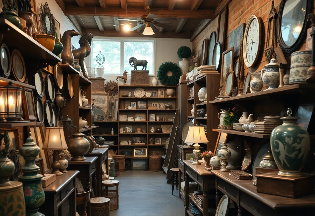 Interior view of The Red Rooster Antique Store filled with antiques and home décor