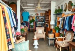 Interior view of Red, White & Blue Thrift store showcasing a variety of secondhand items.