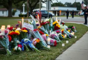 A memorial setup for Regina Santos-Aviles with flowers and candles, symbolizing community mourning.