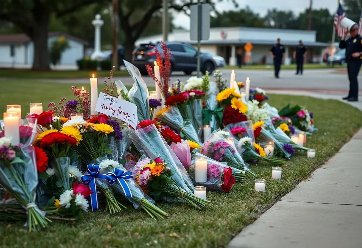 A memorial setup for Regina Santos-Aviles with flowers and candles, symbolizing community mourning.