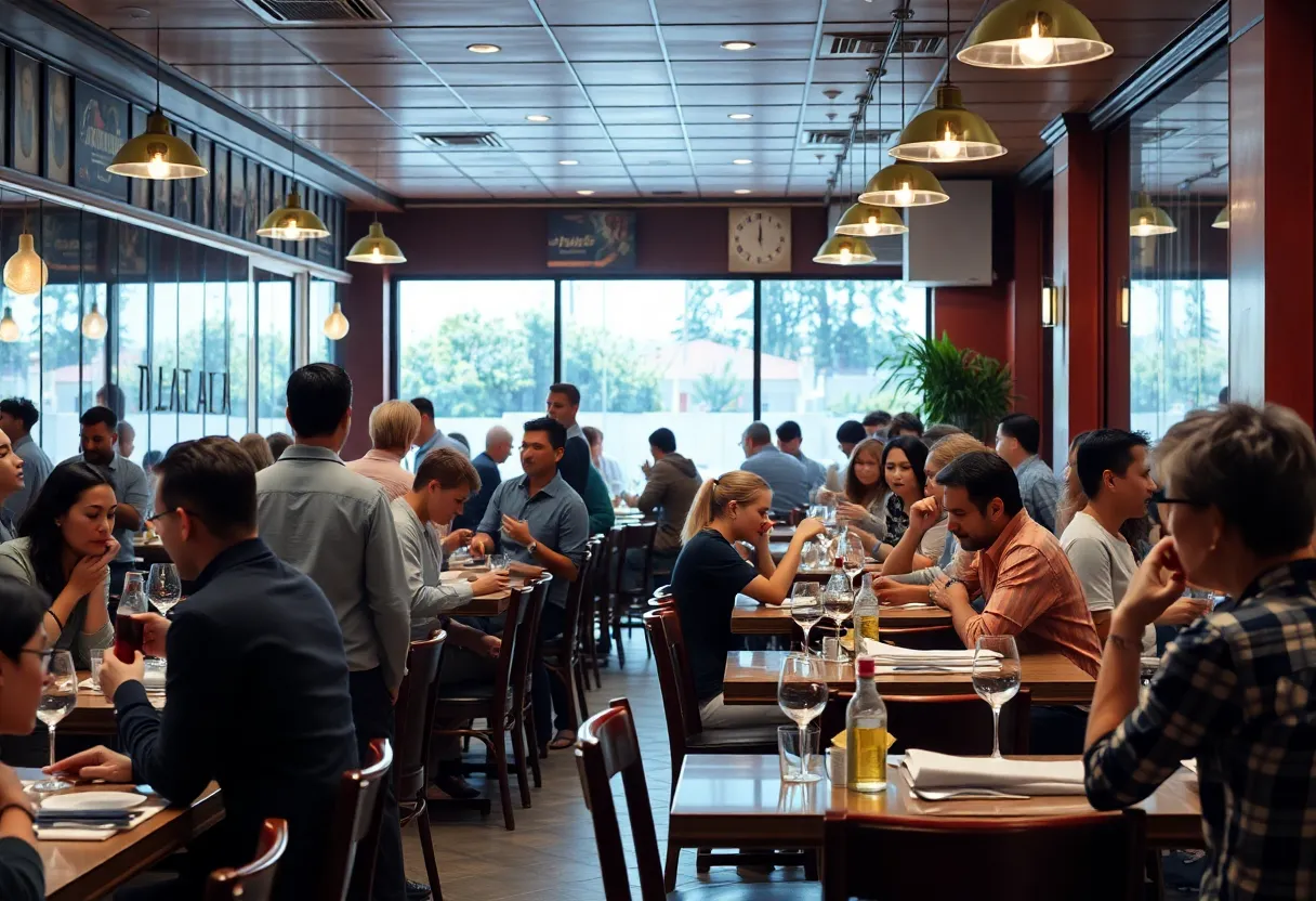 Servers serving food in a bustling restaurant environment