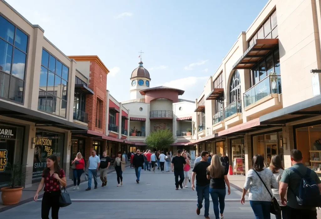 A revitalized shopping center in San Antonio full of customers and modern stores.