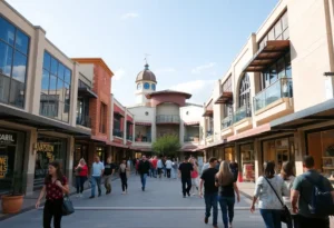 A revitalized shopping center in San Antonio full of customers and modern stores.