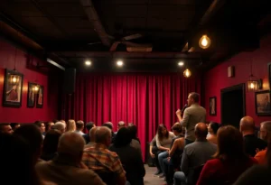 Interior of Riot Riverwalk comedy club with warm decor.