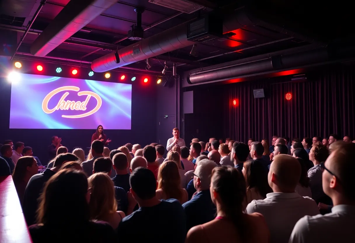 Interior view of The Riot Riverwalk showcasing comedians performing on stage with an engaged audience.