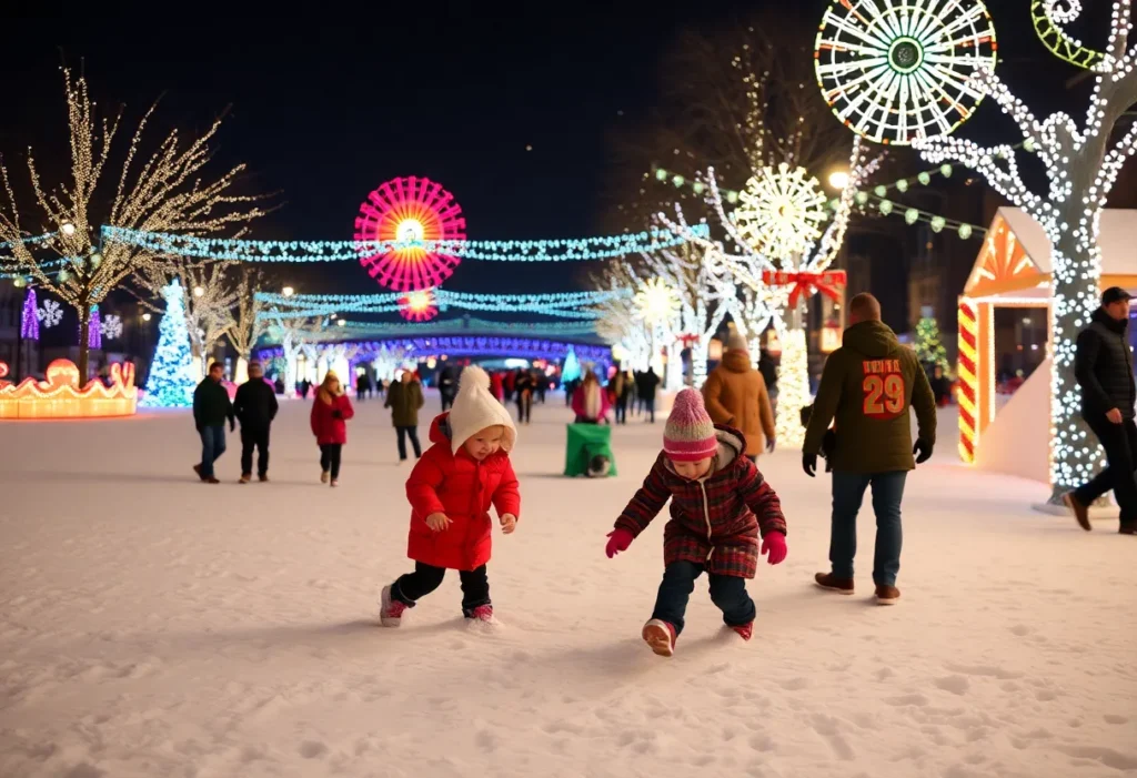 Families enjoying the River of Lights Festival with snow and festive decor.