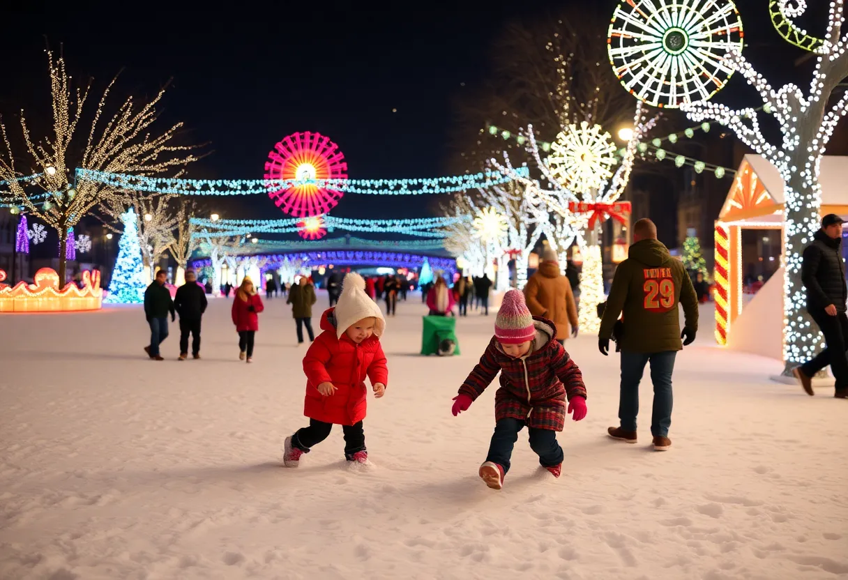 Families enjoying the River of Lights Festival with snow and festive decor.