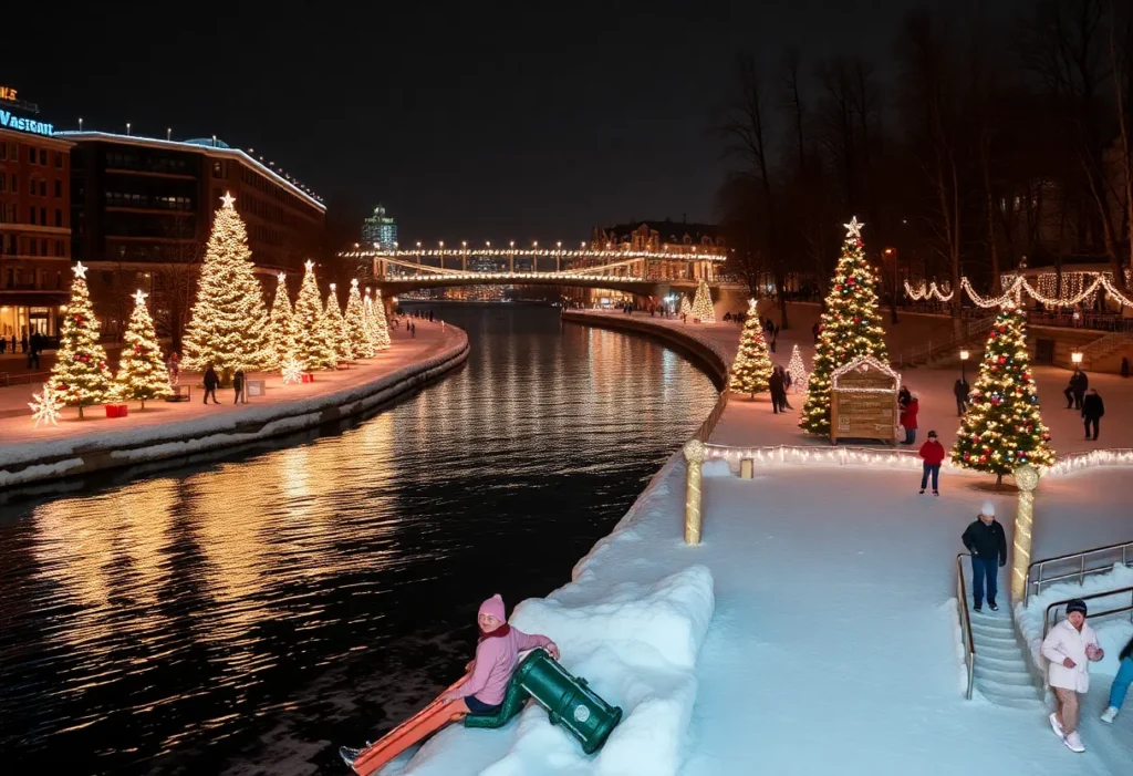 A winter wonderland at the River of Lights event in San Antonio, with snow and Christmas decorations.