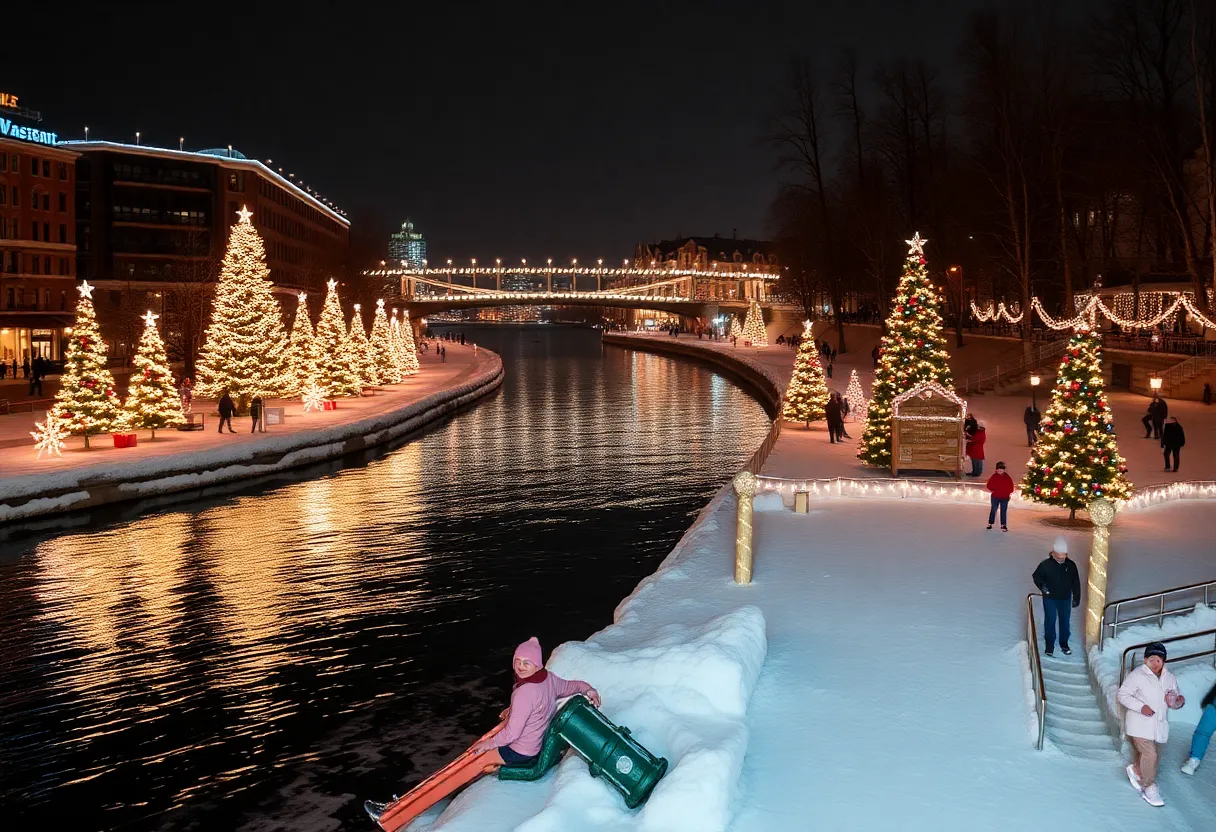 A winter wonderland at the River of Lights event in San Antonio, with snow and Christmas decorations.