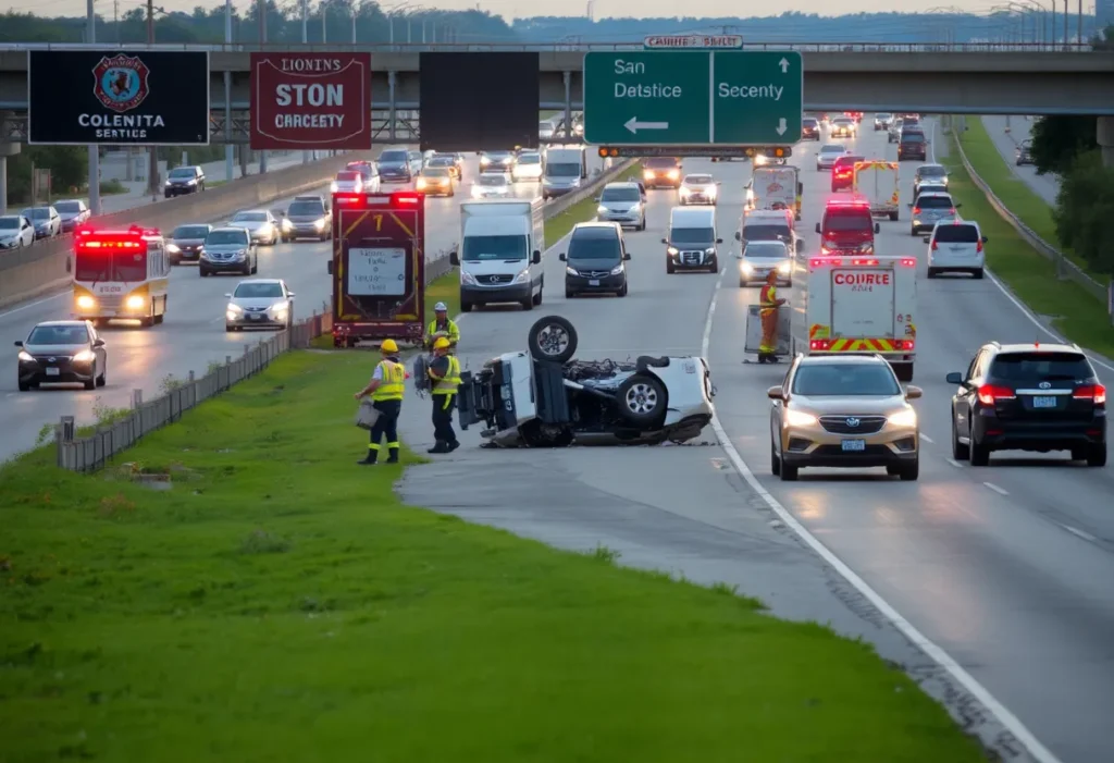 Scene of a rollover crash on I-37 in San Antonio with emergency responders on site.