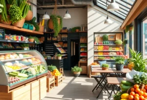 Exterior view of Royal Blue Grocery in Dignowity Hill with fresh produce display.