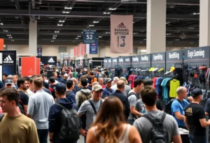 A lively trade show at The Running Event in San Antonio with exhibitors and attendees interacting.