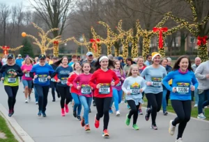 Community members running together at the Running Home For The Holidays event.