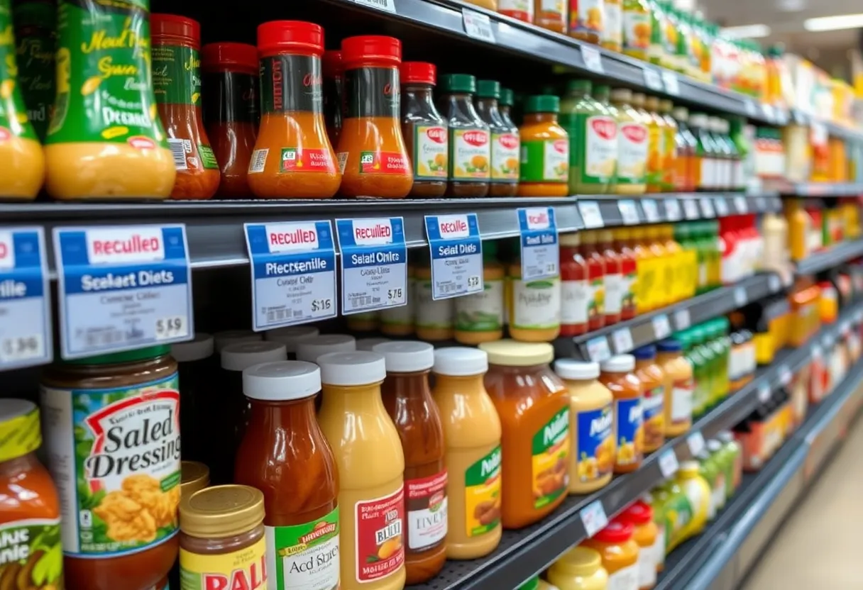 Assorted salad dressings and dips with recall notices.