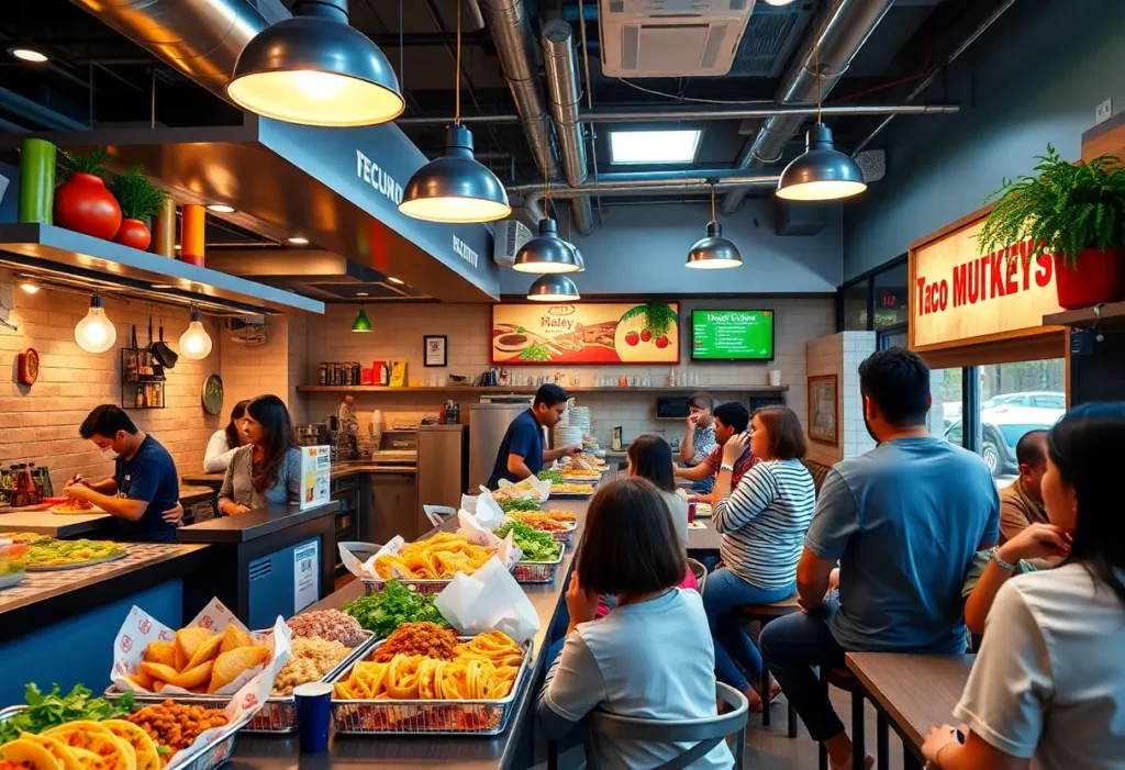 Interior of Salsita restaurant showcasing a colorful taco dish.