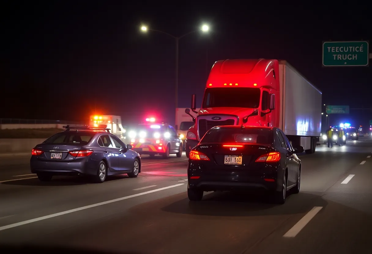 Traffic accident involving a passenger car and an 18-wheeler on Southeast Loop 410.