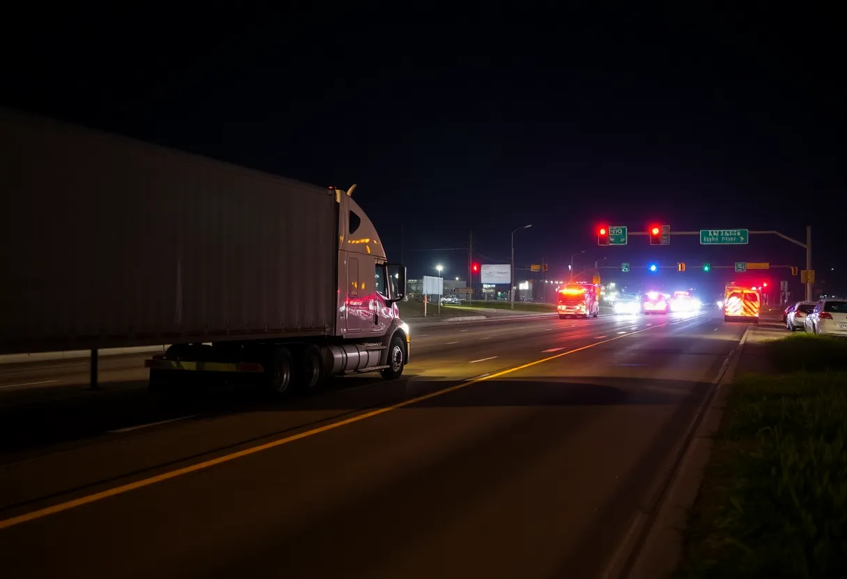 Nighttime view of the accident scene on Southeast Loop 410 in San Antonio with emergency vehicles present.