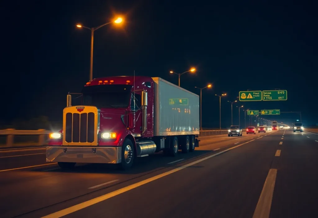 Scene of an 18-wheeler parked on Southeast Loop 410 at night