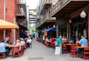 Outdoor seating at San Antonio bars with construction in the background.