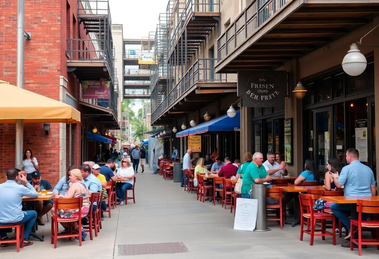 Outdoor seating at San Antonio bars with construction in the background.