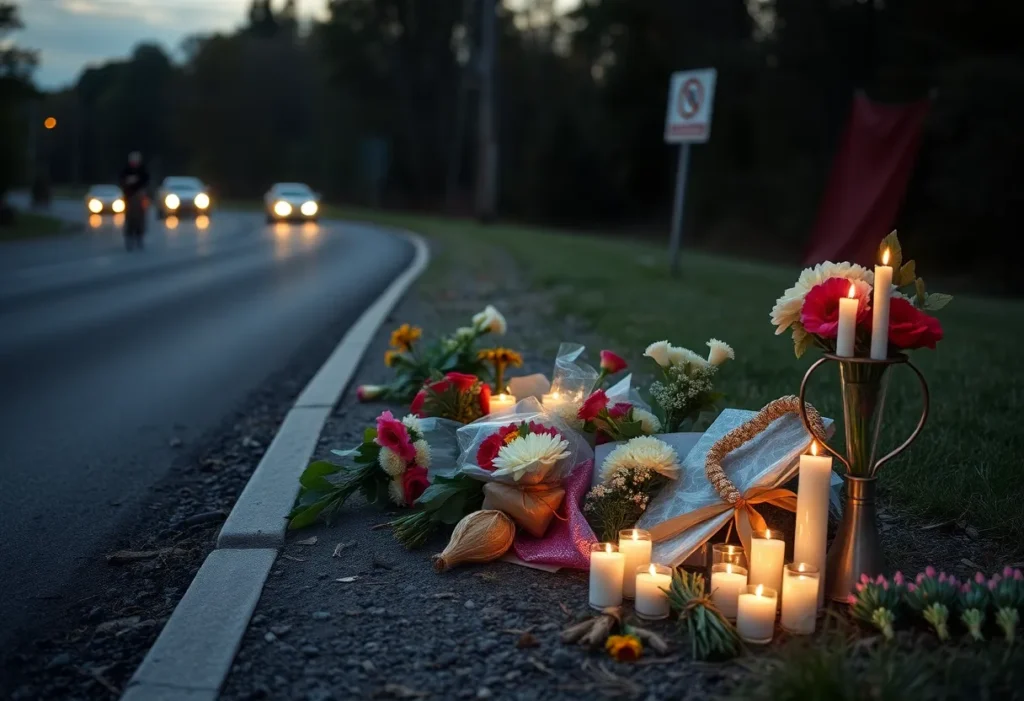 Memorial honoring a fallen bicyclist at the roadside