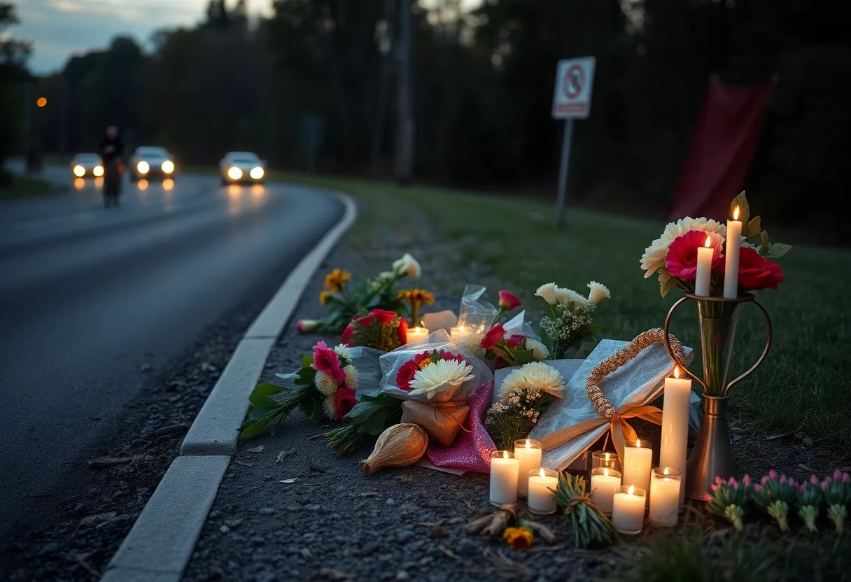 Memorial honoring a fallen bicyclist at the roadside