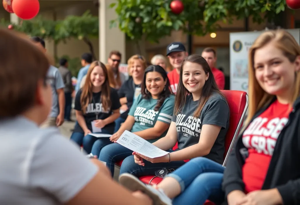 Community members participating in a blood donation drive in San Antonio, wearing college team apparel.