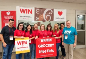 Blood donation event in San Antonio with promotional banners for groceries.
