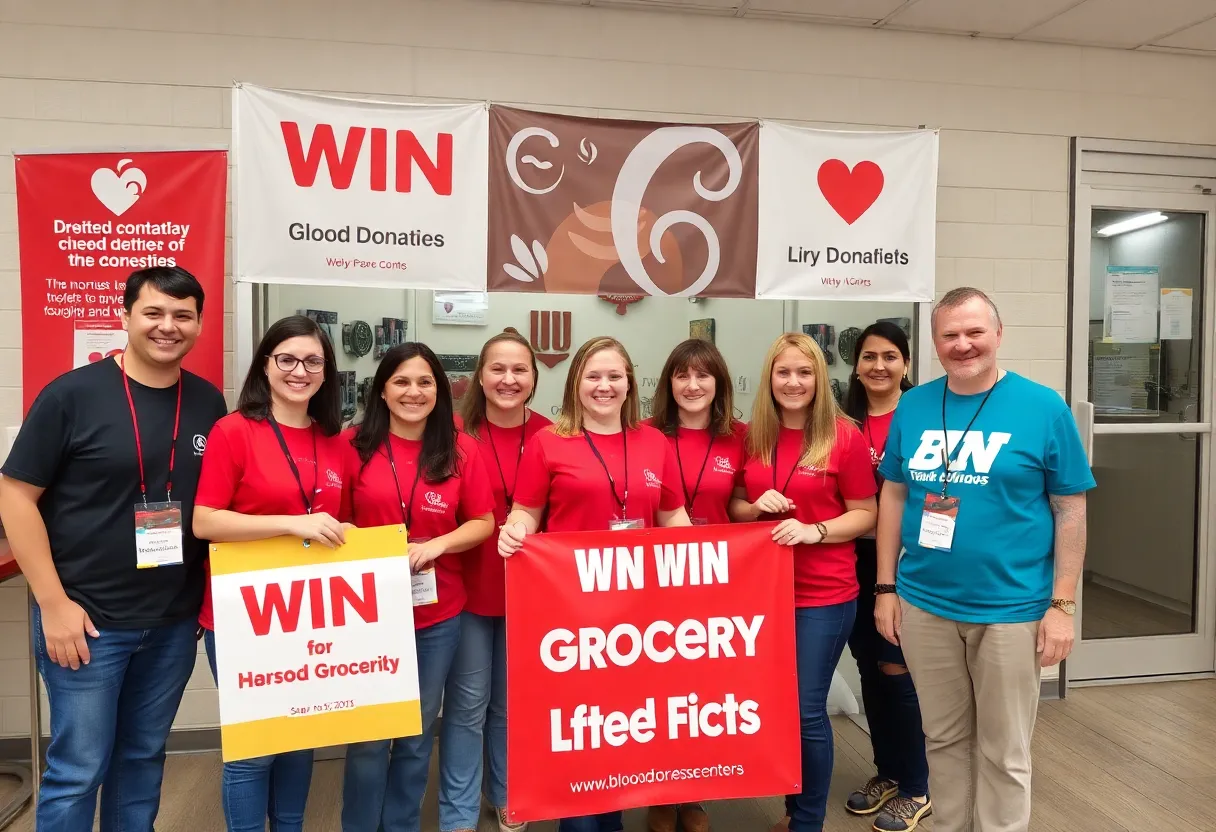 Blood donation event in San Antonio with promotional banners for groceries.