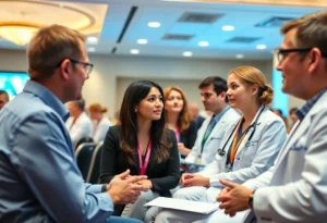 Medical professionals at the San Antonio Breast Cancer Symposium discussing research.