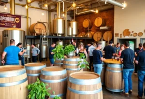 A collection of San Antonio breweries with vibrant atmosphere and beer barrels