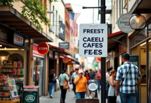 Customers in San Antonio discussing payment options outside local shops that display credit card fee policies.