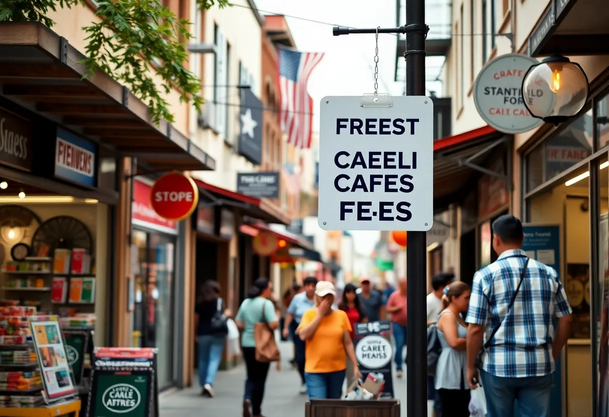 Customers in San Antonio discussing payment options outside local shops that display credit card fee policies.