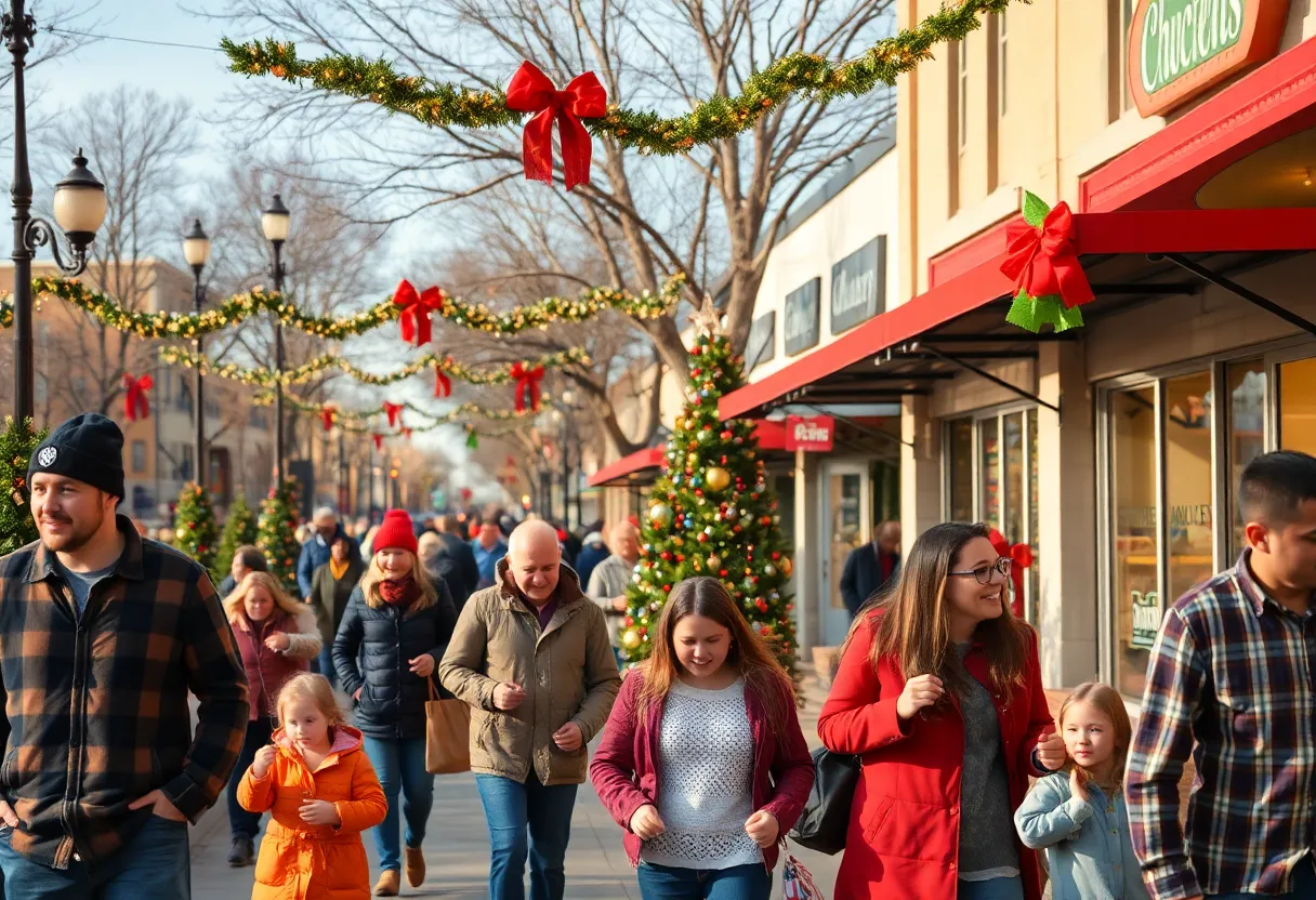 Families celebrating Christmas outdoors in San Antonio, Texas, under warm sunshine.