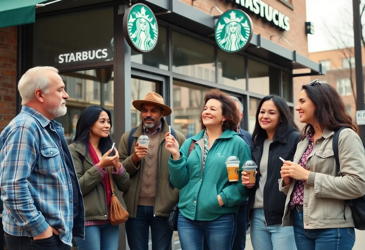 Adults socializing outside Starbucks in San Antonio