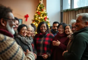 San Antonio community celebrating around a Christmas tree