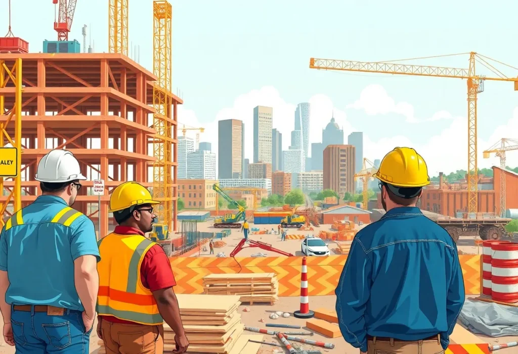 Busy San Antonio construction site showing workers and machinery.
