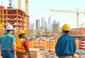 Busy San Antonio construction site showing workers and machinery.
