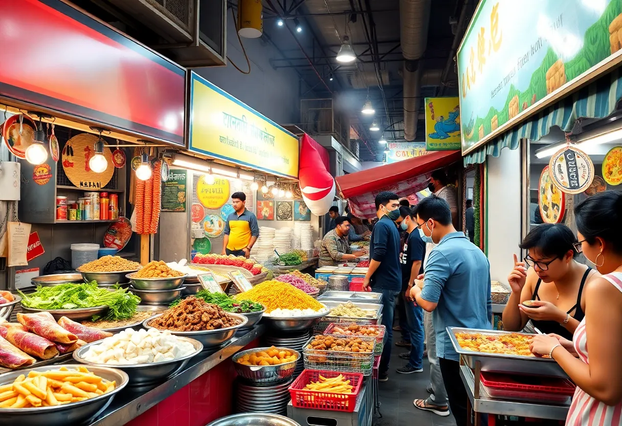 A bustling street market showcasing diverse food stalls in San Antonio