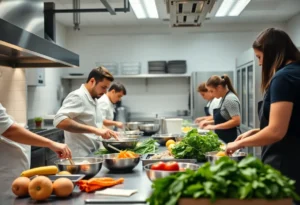 Students in a culinary classroom at San Antonio cooking with fresh ingredients.