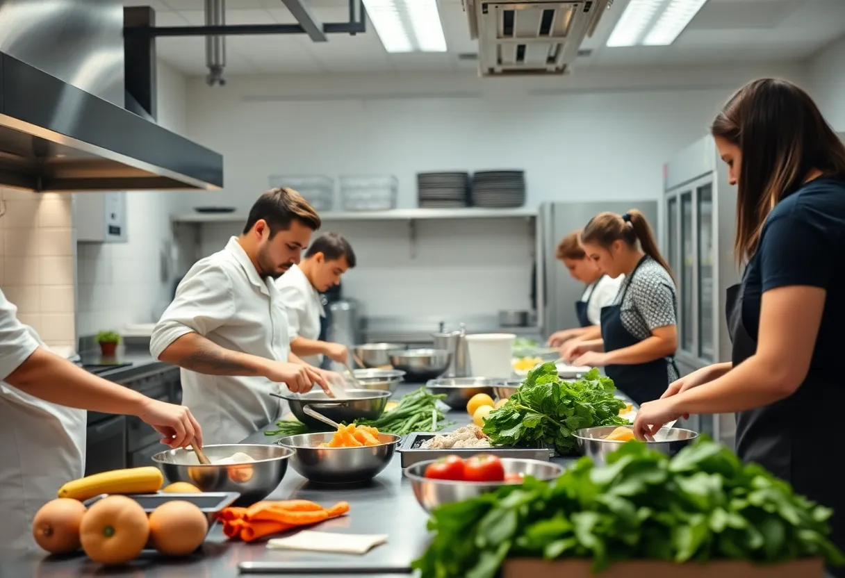 Students in a culinary classroom at San Antonio cooking with fresh ingredients.