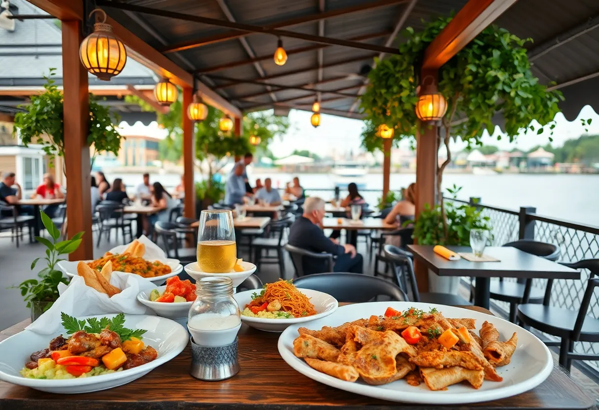 Diverse dishes from San Antonio restaurants with outdoor seating by the river.