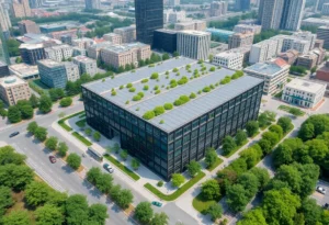 A modern data center with solar panels and green landscaping.