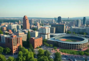 Rendering of the new San Antonio downtown development including a ballpark