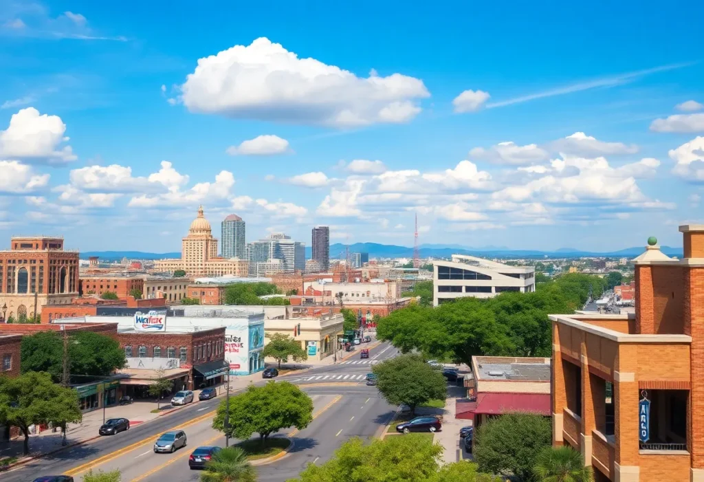 A vibrant scene of San Antonio showcasing local businesses and economic activity.