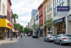 A street scene of San Antonio highlighting local businesses and a stable job market.