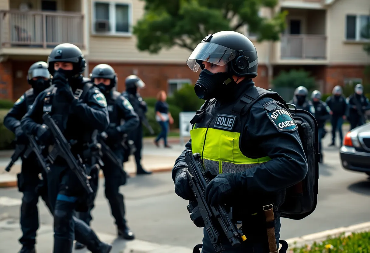 Deputy constable in protective gear during eviction response