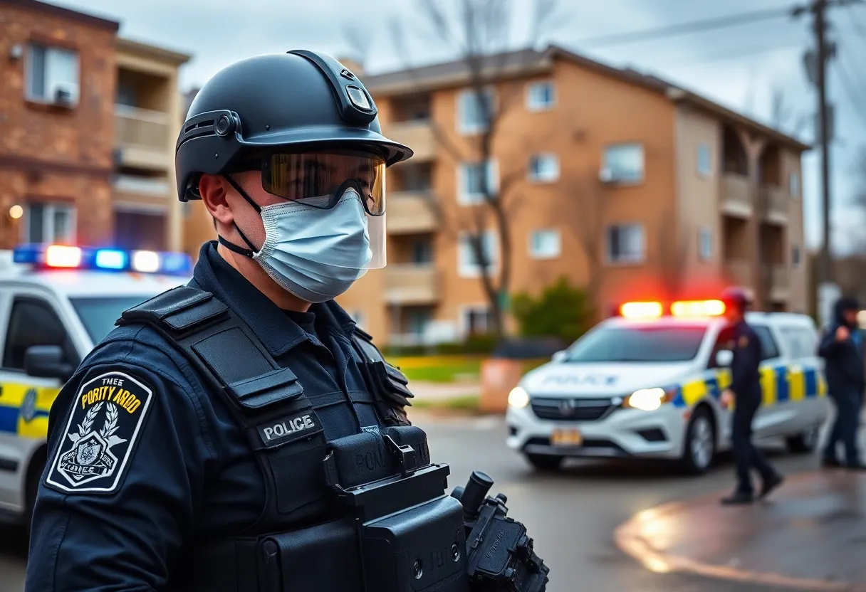 Police officer in protective gear at Artisan at Willow Springs.