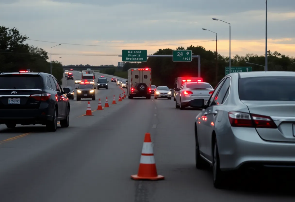 Emergency vehicles at the scene of a fatal crash in San Antonio involving a sedan and an 18-wheeler.